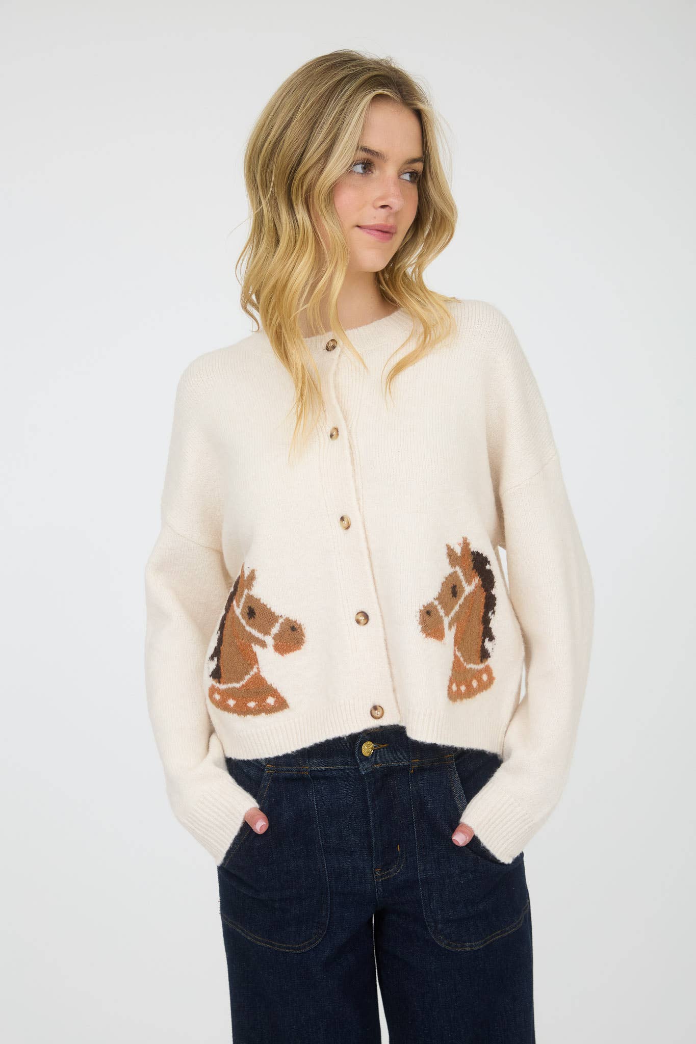 Saddle Up Horse Jacquard Cardigan in Cream