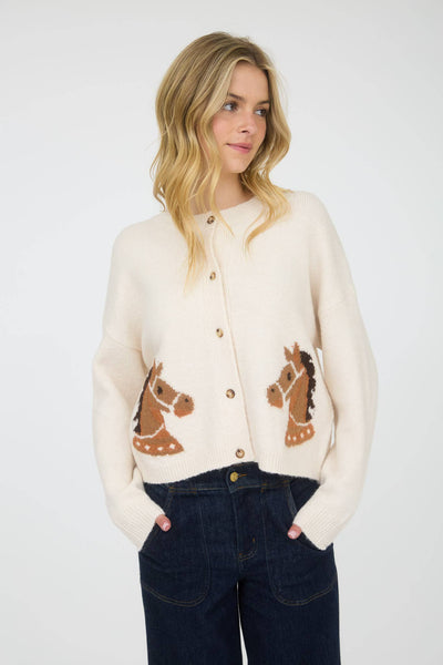 Saddle Up Horse Jacquard Cardigan in Cream
