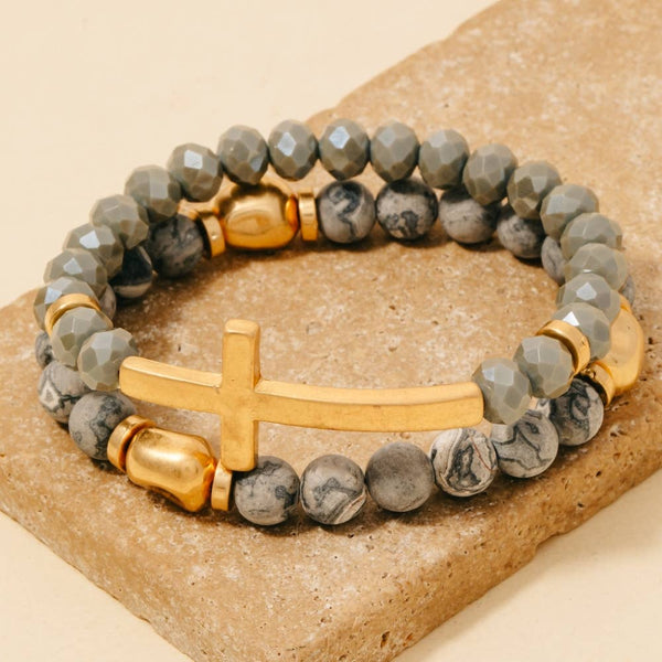 Cross Charm Stone Beaded Bracelet Set: BDWG