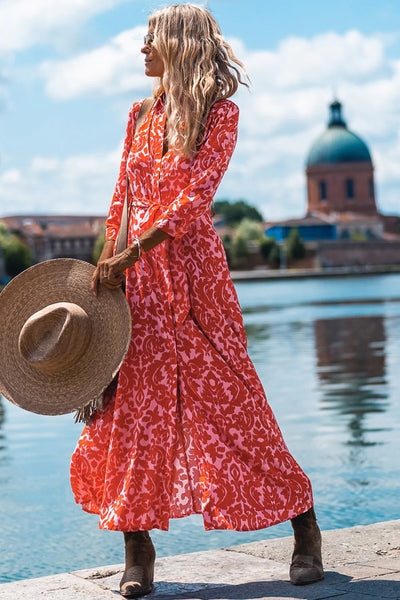 Western Vibes Stylish Red Print Tie Waist Maxi Dress