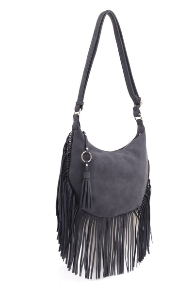 Soft Vegan Leather Fringe HOBO/Crossbody Bag With Tassel in Black