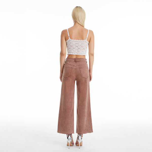 High Rise Wide Leg Raw Hem Jeans in Cappuccino Brown