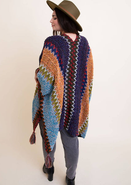Colorful Crochet Patterned Ruana in Indigo