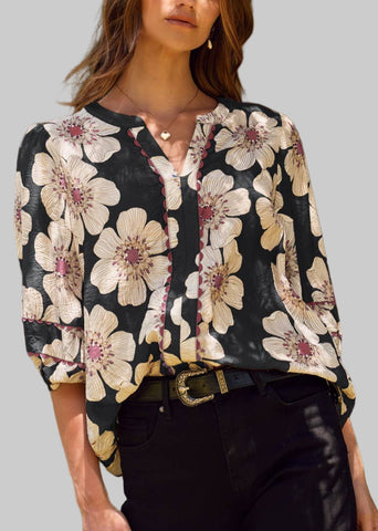 Floral Print 3/4 Sleeve Blouse in Charcoal