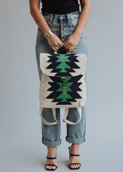 Cream, Navy & Green Aztec Backpack