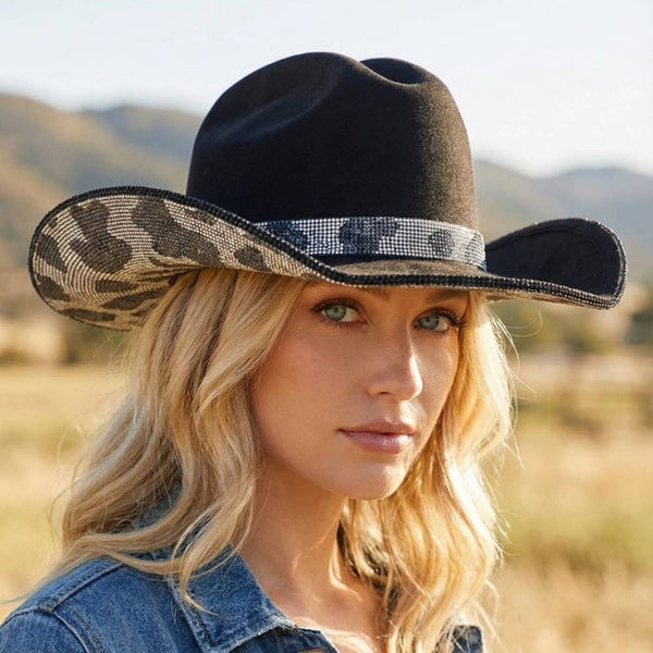 Pave Rhinestone Studded Cow Pattern Cowboy Hat: BK