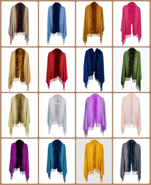 JC062843 16 Colors-Faux Fur Trim Softer Than Cashmere Scarf: Khaki