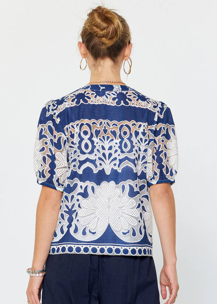 Embroidered Short Puff Sleeve Blouse