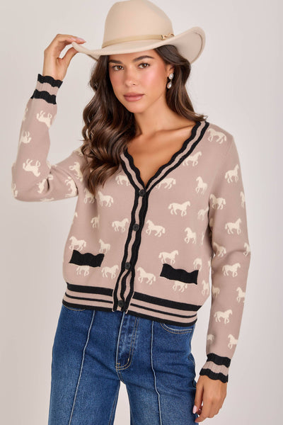 SUPER SOFT HORSE PRINT KNIT CARDIGAN_JLT00386-01: TAUPE COMBO / S-M-L(2-2-2)