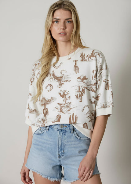Western Print Drop Shoulder Short Sleeve Top