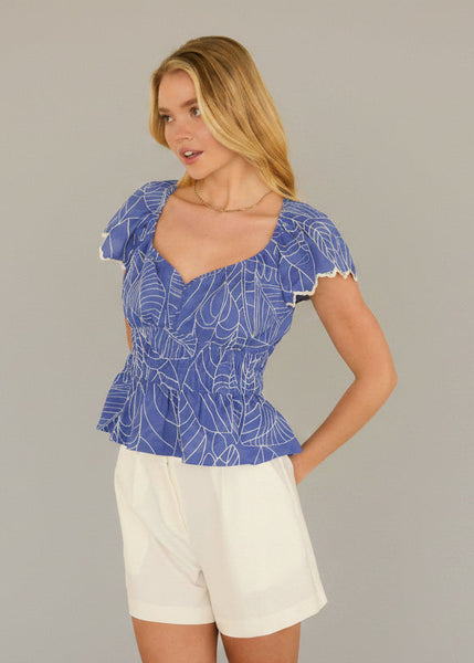 Printed Poplin Ruffle Sleeve Top