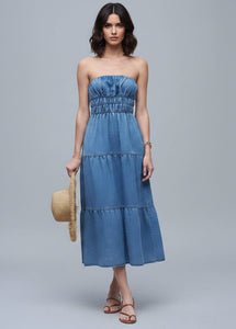 keoni strapless denim midi dress Shirred Tiered Medium WOVEN MIDI DRESS Color:English Rose iron at a maximum Claire Midi Dress ~