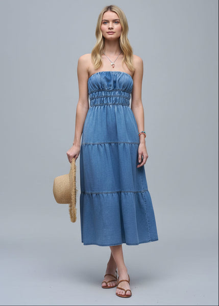 Strapless Shirred Tiered Denim Midi Dress