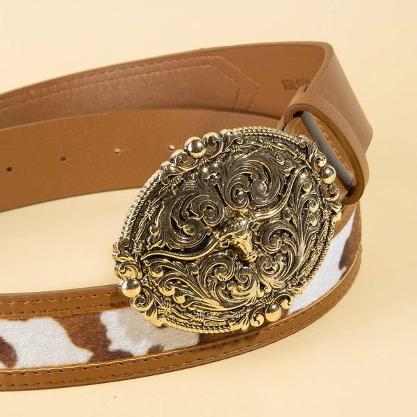Embroidered Longhorn Western Buckle Vegan Leather Belt