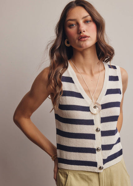 Striped Button-Front Knit Vest Top