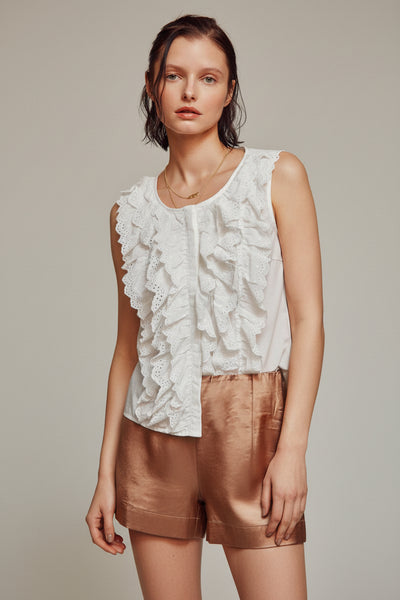 Cotton Eyelet Trim Button Down Sleeveless Top