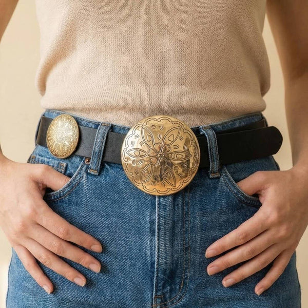 Large Circle Concho Disc Leather Belt in Gold and Brown