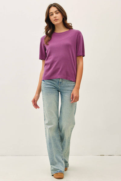 CASHMERE BLENDED SHORT SLEEVE SWEATER  : SLATE BLUE / S