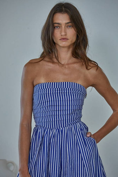 L6998 | Striped Tube Neck Strapless Flare Maxi Dress: Dusty Blue / M