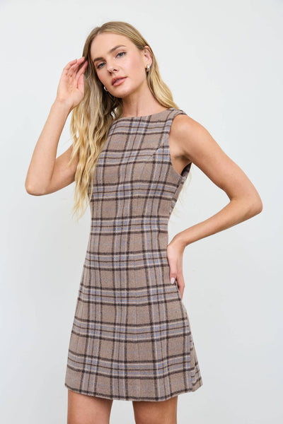 PLAID FLANNEL SLEEVELESS MINI DRESS-BACKORDER: MOCHA MULTI