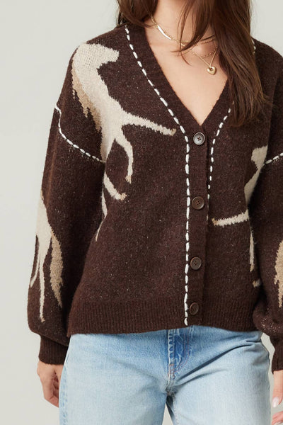 IM8672-Fall Top Rated Knit Horse Cozy Cardigan: S/M / Brown