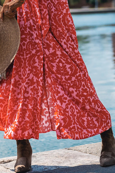 Western Vibes Stylish Red Print Tie Waist Maxi Dress