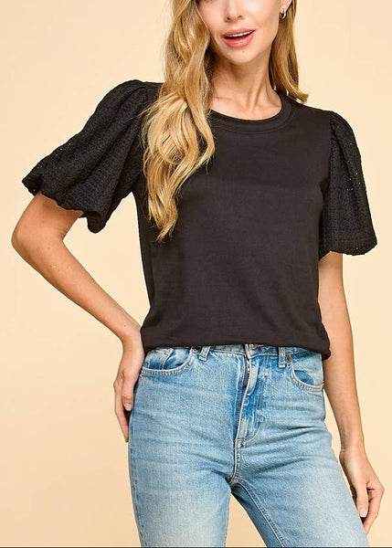 Extra Comfy Contrast Puffed Sleeve Top in Black