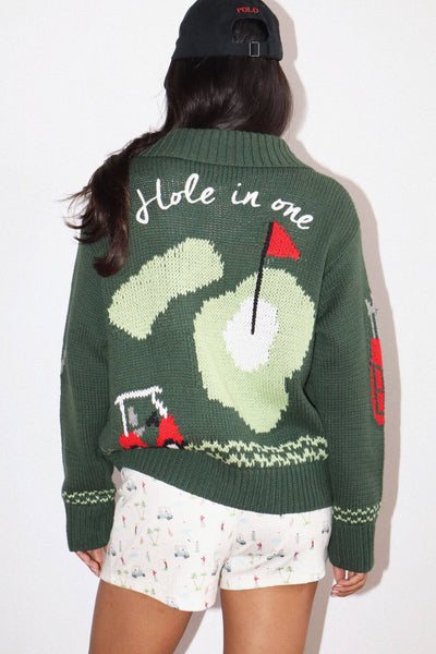 Hole In One Intarsia Zip Sweater : Green / S