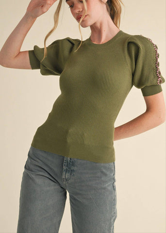 Olive Crochet Puff Sleeve Knit Sweater Top
