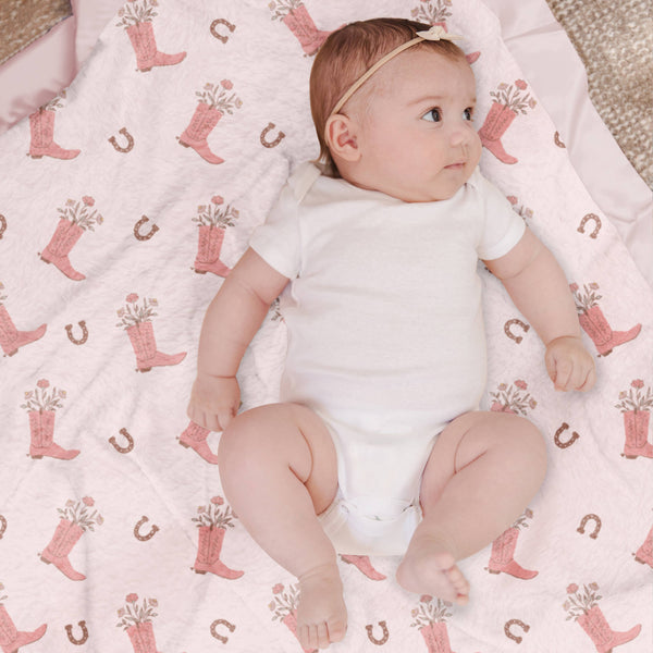 Reversible Baby Blanket Bloomin' Cowboy Boot with satin trim