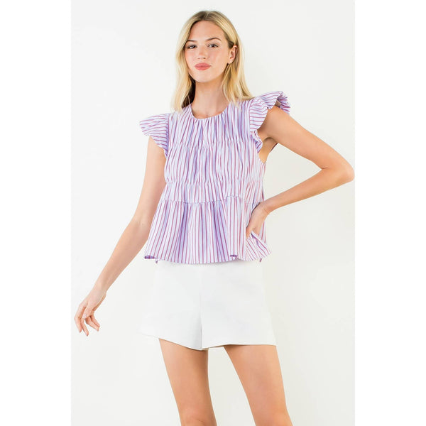 Ruffle Sleeve Smocked Striped Top: PURPLE / XS-S-M-L(1-2-2-1)