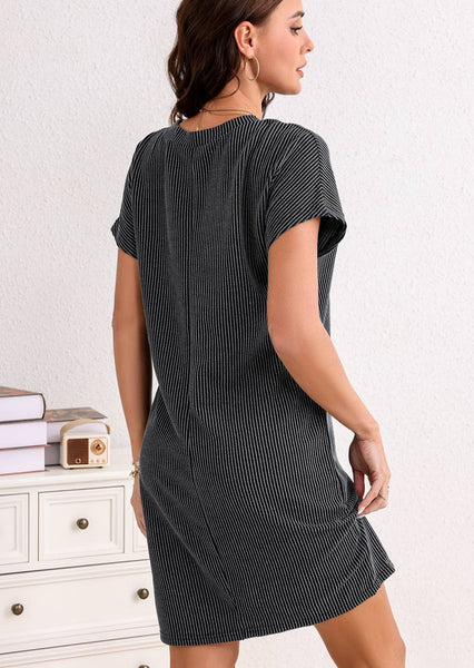 Striped Ribbed Knit T-shirt Shift Dress in Gray