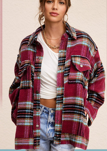 Berry Plaid Button Down Jacket
