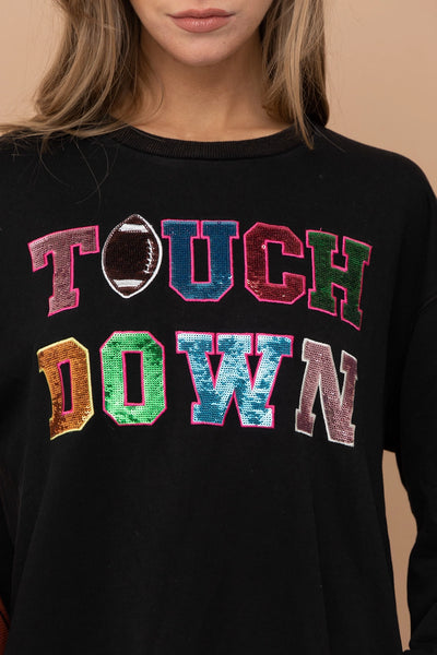 Football Touch Down Sequin Sweatshirt in Black