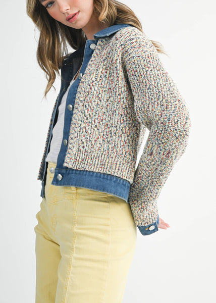 Multicolor Knit Button-Up Jacket with Denim Trim