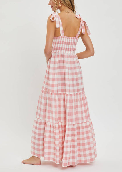 Pink and White Gingham Tiered Maxi Dress