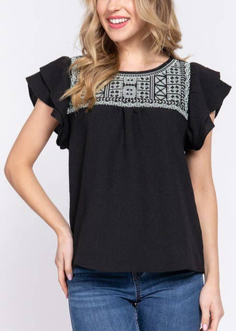 Flutter Sleeve Embroidered Top in Black