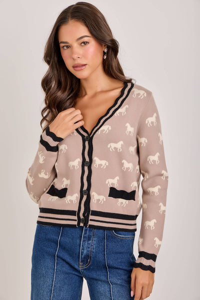 SUPER SOFT HORSE PRINT KNIT CARDIGAN_JLT00386-01: TAUPE COMBO / S-M-L(2-2-2)