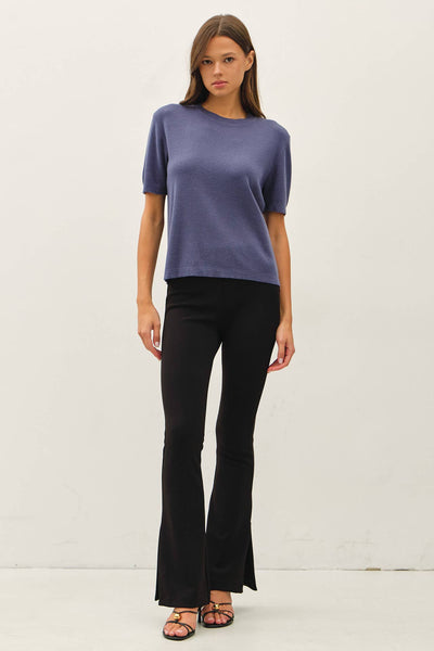 CASHMERE BLENDED SHORT SLEEVE SWEATER  : SLATE BLUE / M