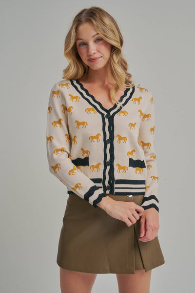 SUPER SOFT HORSE PRINT KNIT CARDIGAN_JLT00386-01: TAUPE COMBO / S-M-L(2-2-2)