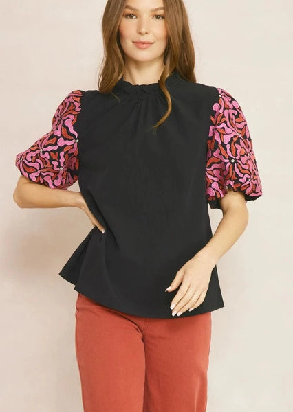 Contessa Embroidered Puff Sleeve Top in Black