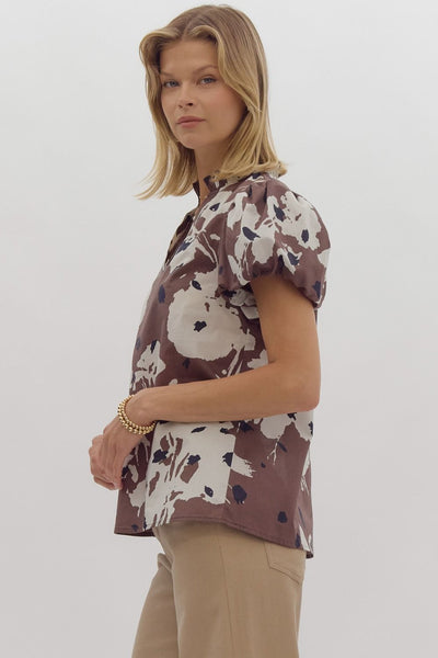 Espresso Print Puff Sleeve Poplin Top