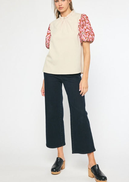 Contessa Embroidered Puff Sleeve Top in Cream