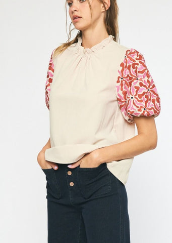 Contessa Embroidered Puff Sleeve Top in Cream