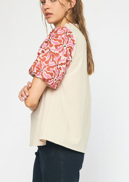 Contessa Embroidered Puff Sleeve Top in Cream