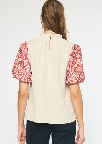 Contessa Embroidered Puff Sleeve Top in Cream