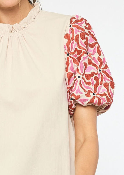 Contessa Embroidered Puff Sleeve Top in Cream