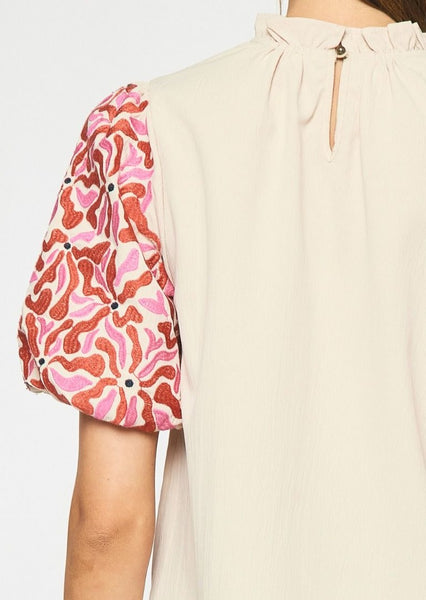 Contessa Embroidered Puff Sleeve Top in Cream