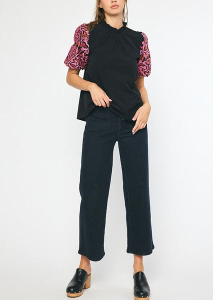 Contessa Embroidered Puff Sleeve Top in Black or