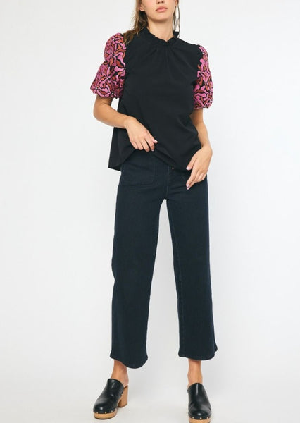 Contessa Embroidered Puff Sleeve Top in Black